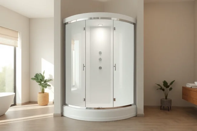 Duschkabine 80x80 eckeinstieg in modernem Badezimmer mit eleganten Details und weichem Licht.