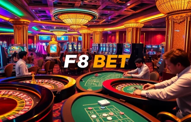 Players enjoying a luxurious casino experience at F8 BET with vibrant gaming tables and slot machines.