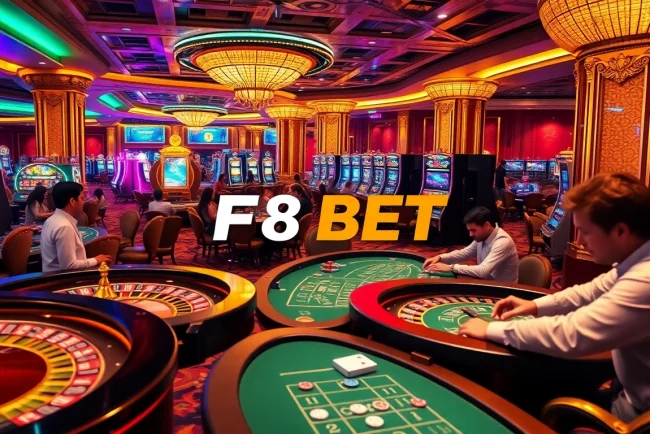 Players enjoying a luxurious casino experience at F8 BET with vibrant gaming tables and slot machines.