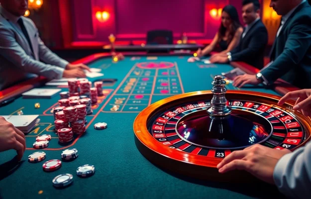 Experience the thrill of Luck8 as players engage at a vibrant casino table with cards and chips.