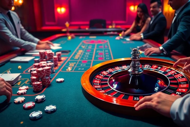 Experience the thrill of Luck8 as players engage at a vibrant casino table with cards and chips.