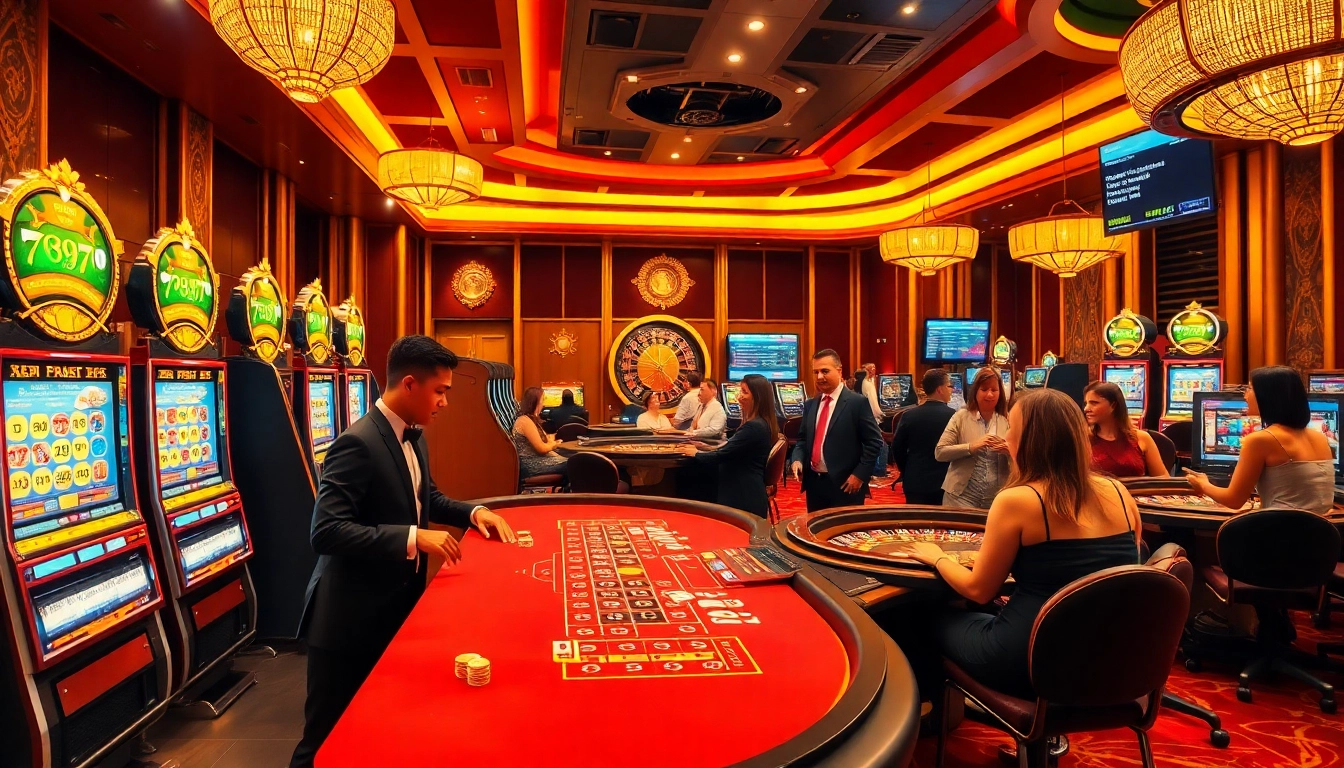 Experience the excitement of 789f with players enjoying casino games and vibrant slot machines.