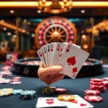 Experience thrilling wins at F8BET COM with an elegant casino scene featuring vibrant poker chips.