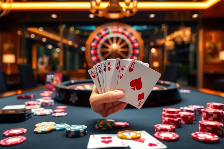 Experience thrilling wins at F8BET COM with an elegant casino scene featuring vibrant poker chips.