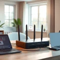 NordVPN FritzBox setup in a bright home office with smart devices.