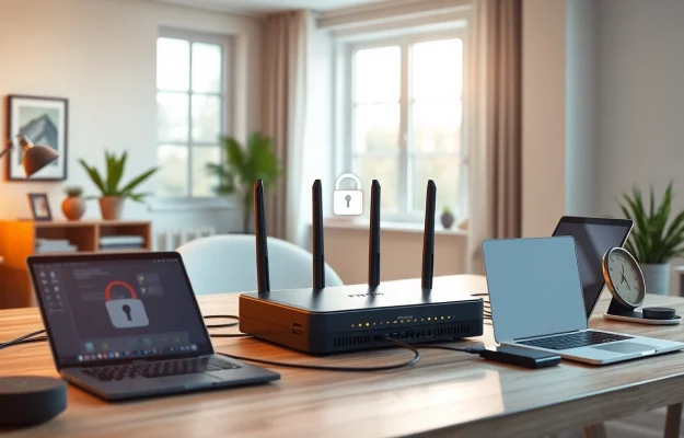NordVPN FritzBox setup in a bright home office with smart devices.