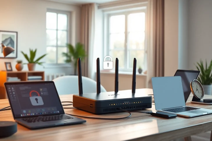 NordVPN FritzBox setup in a bright home office with smart devices.