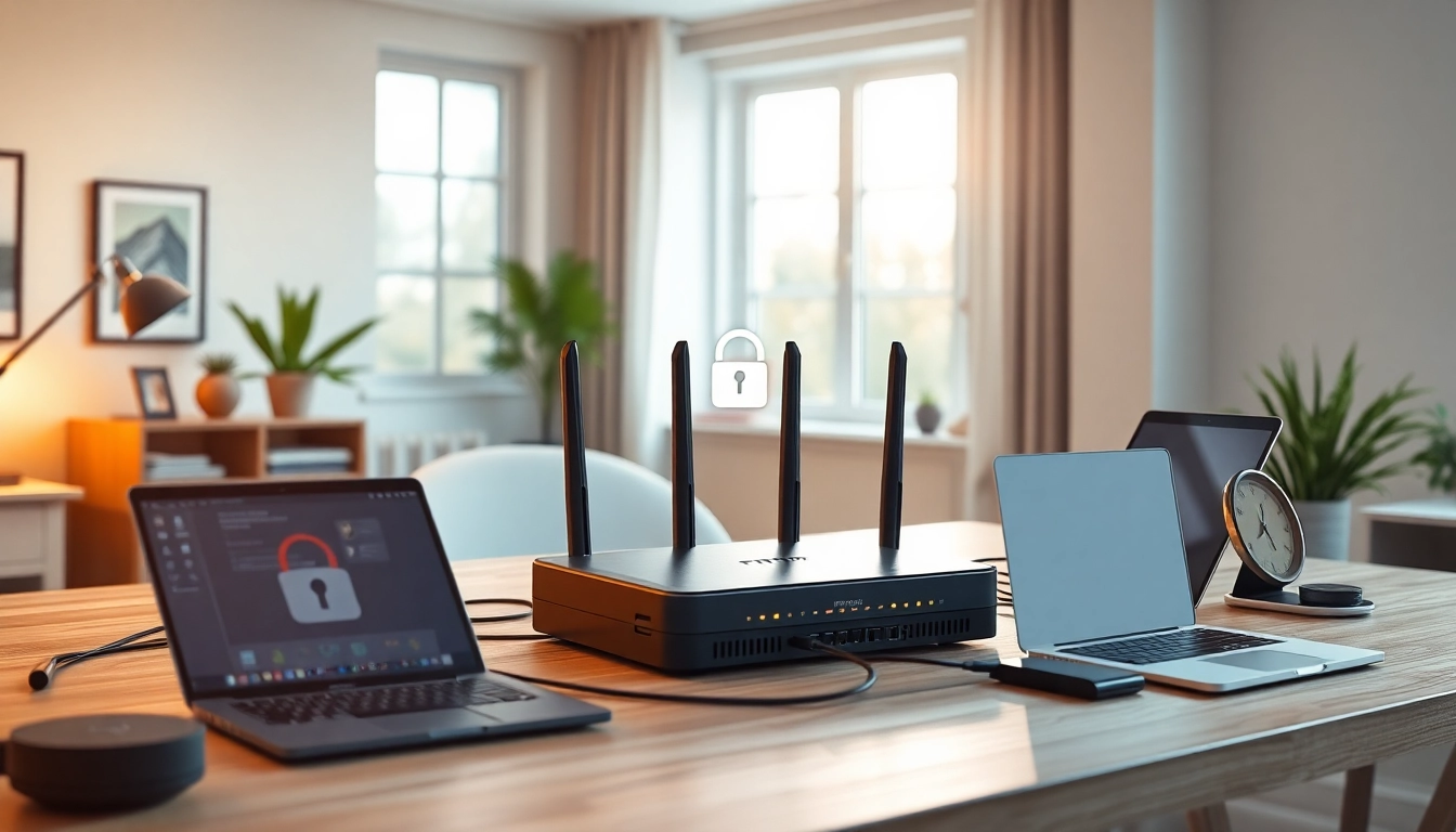 NordVPN FritzBox setup in a bright home office with smart devices.