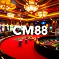 Engage with CM88 at an exciting casino table, filled with poker chips, roulette wheel, and bright slot machines.