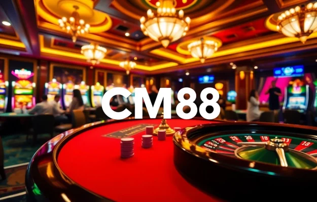 Engage with CM88 at an exciting casino table, filled with poker chips, roulette wheel, and bright slot machines.