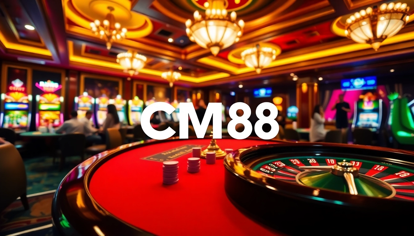 Engage with CM88 at an exciting casino table, filled with poker chips, roulette wheel, and bright slot machines.