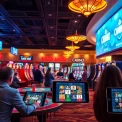 Gamers experiencing the Gemwin online gaming platform with vibrant casino tables and a user-friendly interface.