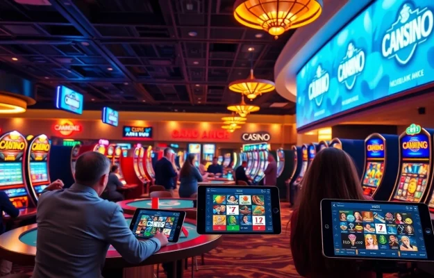 Gamers experiencing the Gemwin online gaming platform with vibrant casino tables and a user-friendly interface.
