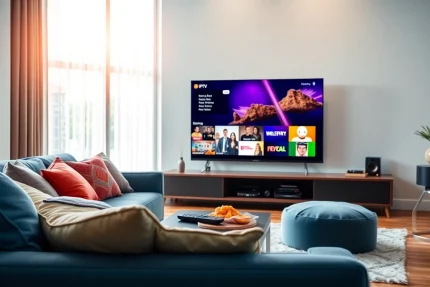 Erleben Sie die IPTV Komplettlösung in einem modernen Wohnzimmer mit lebhaften Streaming-Optionen.