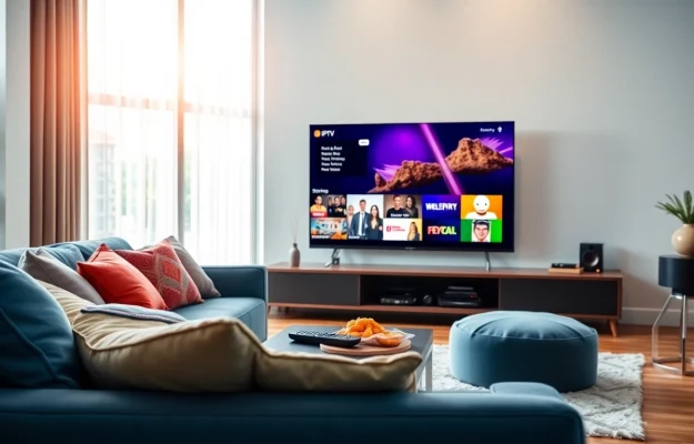 Erleben Sie die IPTV Komplettlösung in einem modernen Wohnzimmer mit lebhaften Streaming-Optionen.
