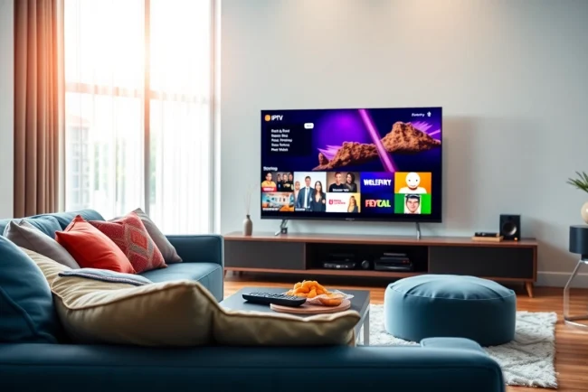 Erleben Sie die IPTV Komplettlösung in einem modernen Wohnzimmer mit lebhaften Streaming-Optionen.
