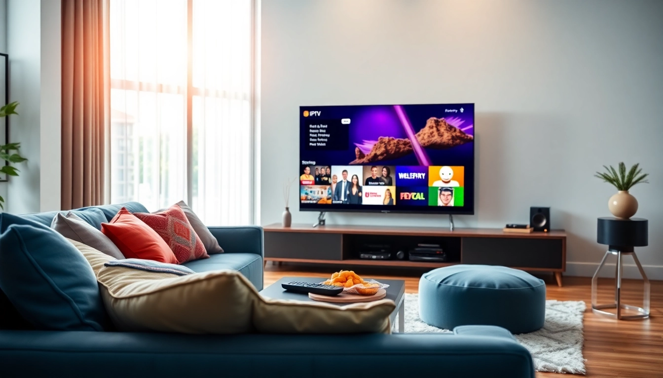 Erleben Sie die IPTV Komplettlösung in einem modernen Wohnzimmer mit lebhaften Streaming-Optionen.