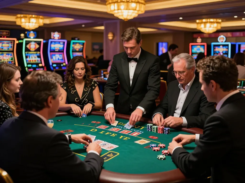 Experience strategic blackjack gameplay with 90P in a lively casino atmosphere.