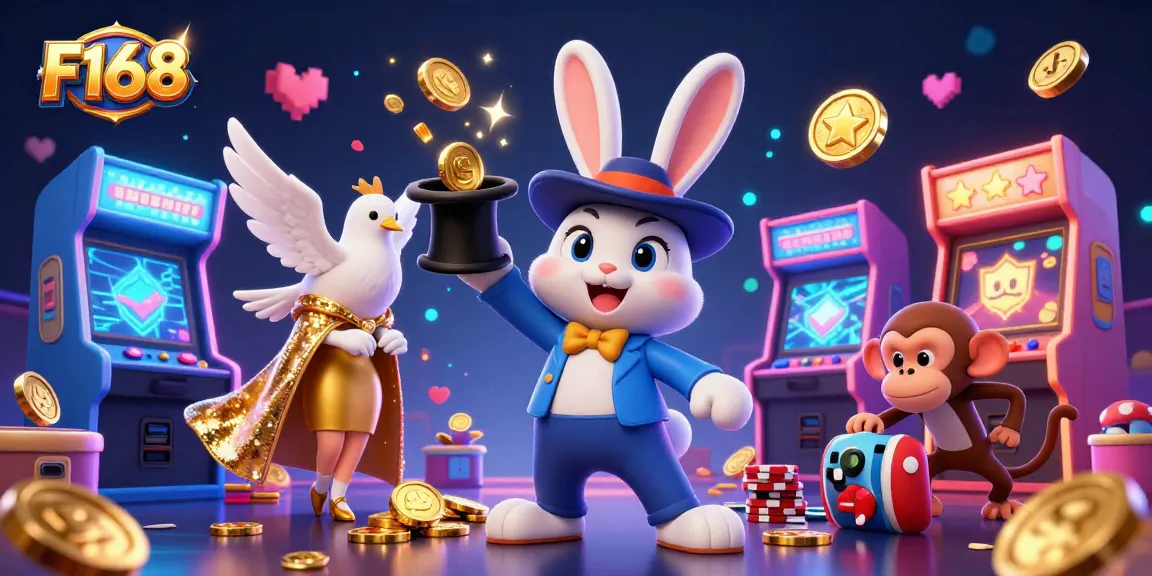 Experience the thrill of F168 with vibrant characters and colorful casino elements in a dynamic scene.